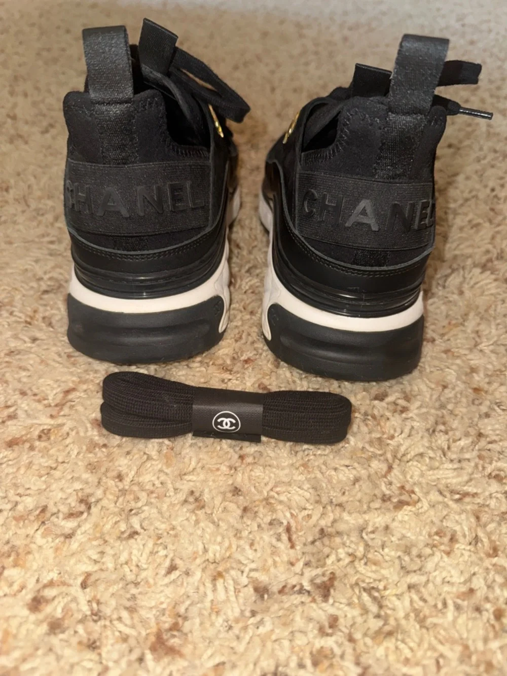 CHANEL Black Leather & White Quilted Sole Men's Sneakers with Gold CC - Picture 3 of 7